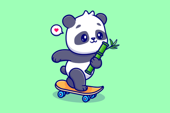 Download Cute Panda Holding Bamboo on Skateboard - Cute Collection