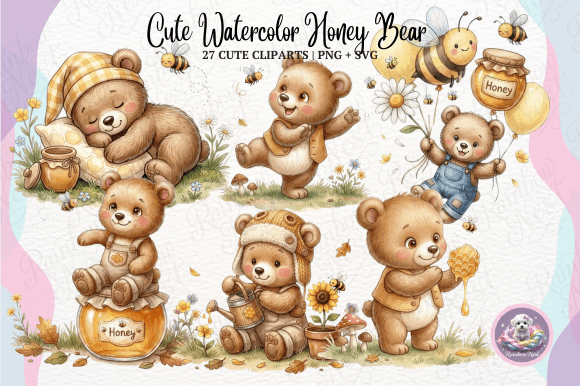 Download Cute Watercolor Honey Bear Clipart - Cute Collection