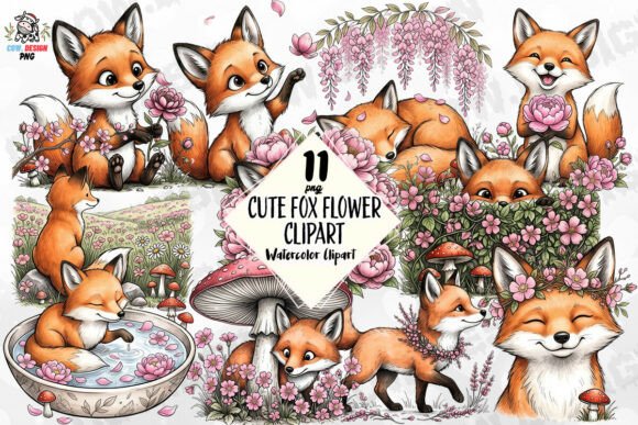 Download Cute Fox Flower Clipart PNG - Cute Collection