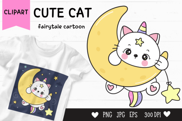 Download Cute Cat Cartoon on Moon Kawaii Clipart - Cute Collection
